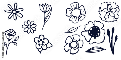 Grunge brush flowers. Scribble ink grunge chamomile flowers icons drawn with markers and crayons