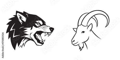 Monochrome Vector Illustration of Roaring Wolf and Peaceful Goat Heads