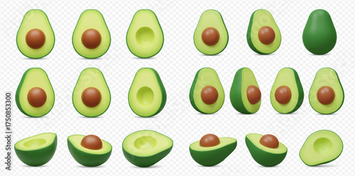 A set of avocado halves and whole avocados on a transparent background, showcasing the fruit's versatility and appeal.