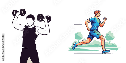 Vector Artwork: Monochrome Weightlifter and Dynamic Colorful Runner Illustrations