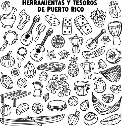 Hand-drawn outline illustration of Puerto Rican cultural treasures: traditional instruments, food, games, masks, and nature elements in a doodle style.