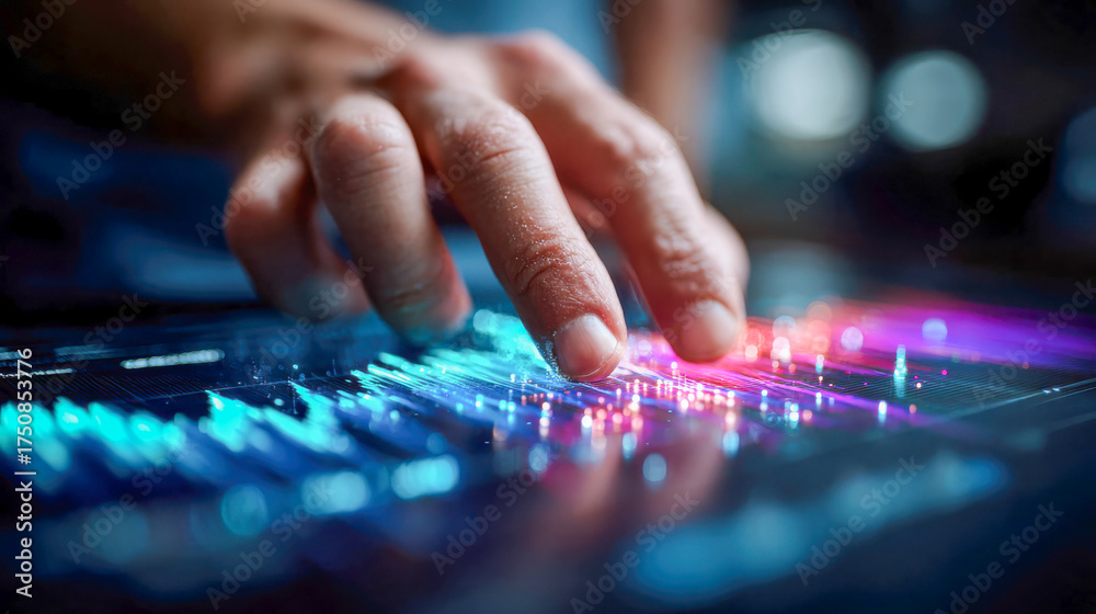 Fototapeta premium Close-up of a man interacting with a digital touchscreen displaying colorful data visualization