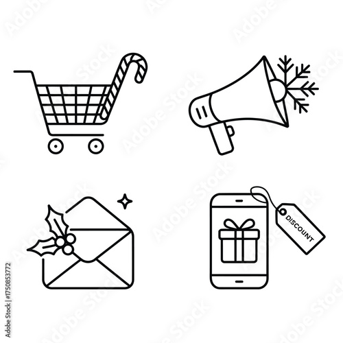 Four christmas themed marketing icon line drawings
