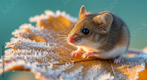 Macro image of a tiny field mouse on a frozen gold leaf