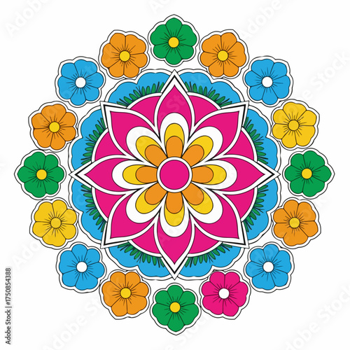 Vibrant Mandala Flower Design with Intricate Petal Layers and Colorful Blooms.