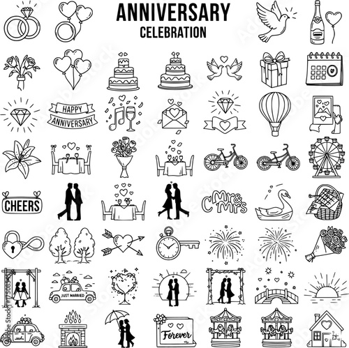 Anniversary Celebration Line Art Icons Set - Wedding, Love, Romance, and Special Occasion Doodles