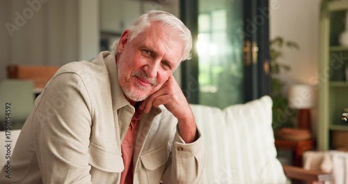 Wallpaper Mural Senior man, face and happy in home lounge with a positive attitude, laughing and funny humor. Elderly person, relax and comfort on sofa in living room with retirement, pension and smile in house Torontodigital.ca