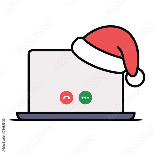 Laptop with santa hat and video call interface icons
