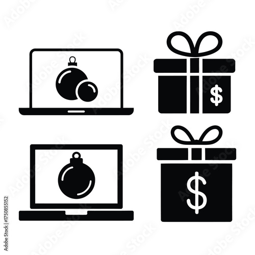 Laptops with ornaments and presents with dollar sign