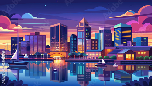 
Very beautiful downtown Norfolk waterfront at twilight with shimmering reflections on calm harbor waters, glowing city lights, and tranquil evening skyline view.