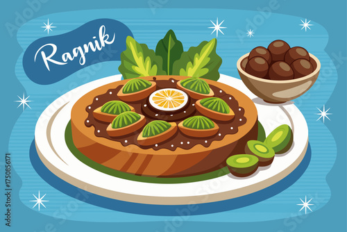 Rangnik, which is made with dates and oil flour, is a very nutritious food, decorated with pistachio nuts, almond slices and coconut powder, which is a southern food, in a plate on a wooden table with