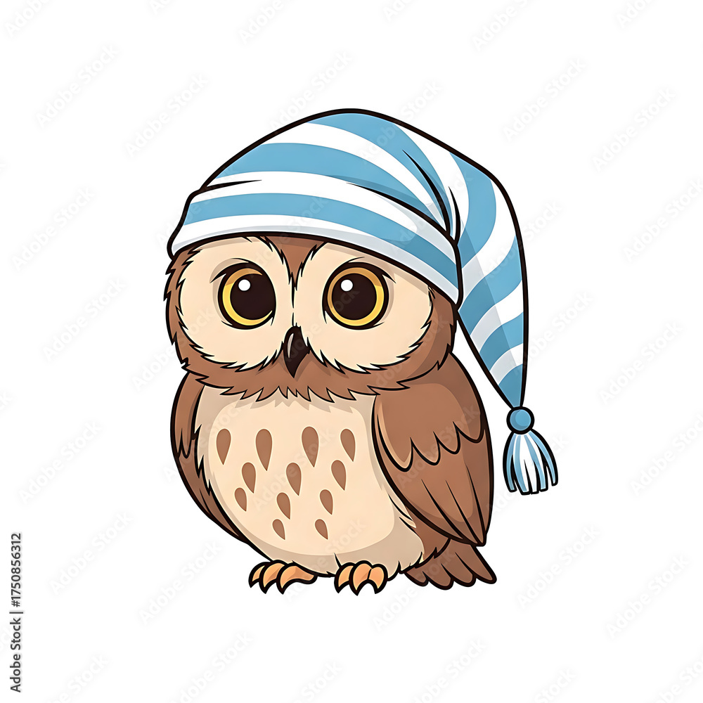 Fototapeta premium Cute cartoon baby owl wearing a blue and white striped sleeping hat. Adorable bird mascot illustration isolated on white.
