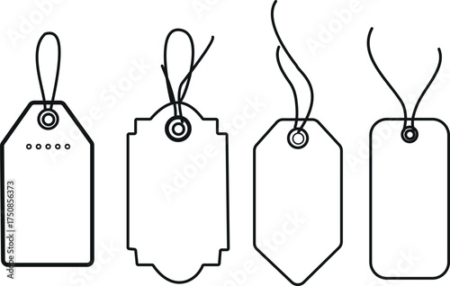 Four different blank price tags or gift tags with strings, isolated on white background