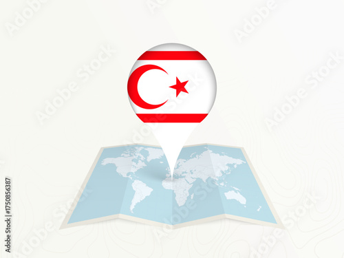 Northern Cyprus Map Pin with National Flag on Open World Map.
