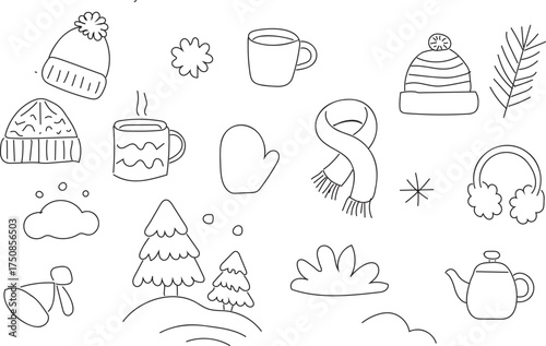 Hand drawn winter doodle icons set. Hat, scarf, mug, snowflake, mitten, tea pot, earmuffs, tree, and cloud outline icon 