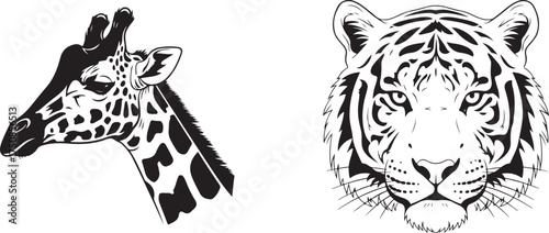 Black and White Stylized Giraffe and Tiger Head Vector Illustrations