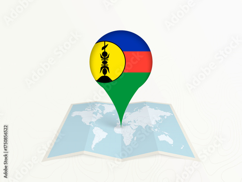 New Caledonia Map Pin with National Flag on Open World Map.