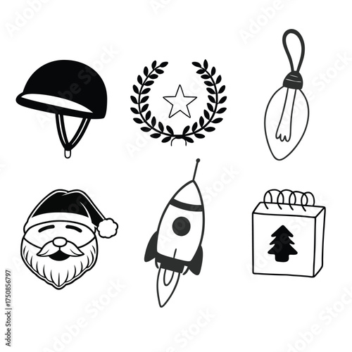 Six black and white vector graphic illustrations