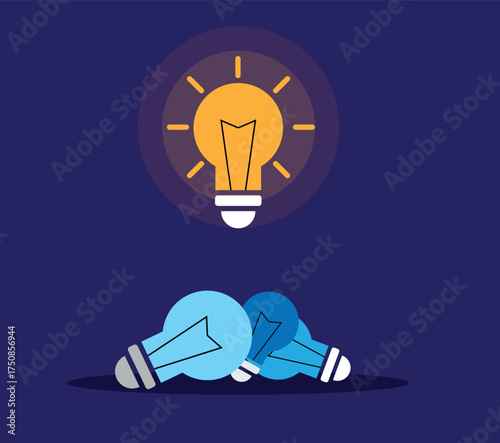 Broken Light Bulbs Lying on the Floor on is Up Shining. Start up in business and idea generation vector art