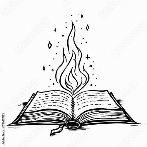 Open book with flames and sparkles in sketch style  