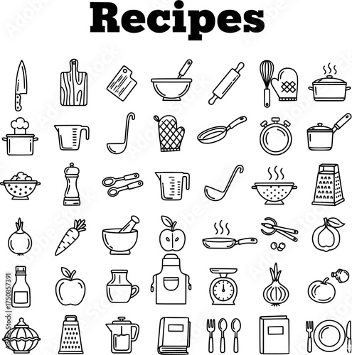 Black and White Line Art Icon Set for Cooking, Kitchen Tools, Food Ingredients, and Recipe Design Elements