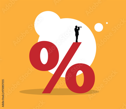 Business Man with Spyglass on Percent Sign Increasing Sales and Income