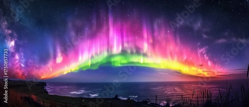 A stunning panorama of the aurora borealis illuminating the night sky with vibrant colors over a peaceful ocean landscape.