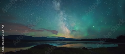 A stunning night sky filled with stars and the Milky Way, reflected in a tranquil lake, surrounded by mountains and softly lit clouds.