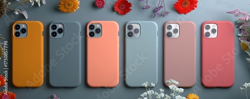 A display of six colorful phone cases arranged among vibrant flowers, showcasing a blend of modern accessories and natural beauty.