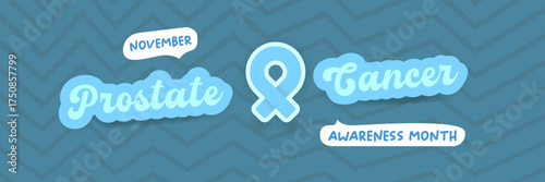 November Prostate cancer awareness month banner with blue ribbon icon. Blue November is prostate cancer awareness month. Movember mens health month poster and wide banner