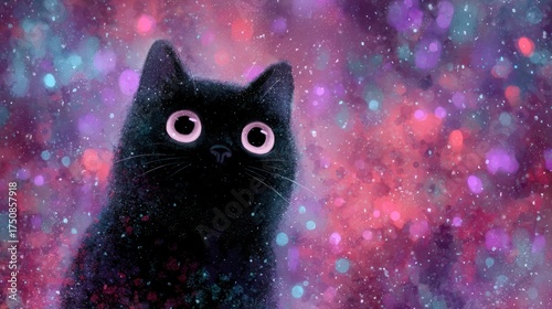Fototapeta Naklejka Na Ścianę i Meble -  Illustration of a black cat against a colorful bokeh space-like background