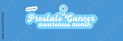 November Prostate cancer awareness month banner with blue ribbon icon. Blue November is prostate cancer awareness month. Movember mens health month poster and wide banner