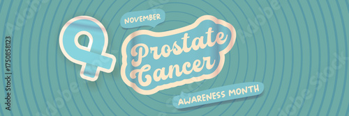 November Prostate cancer awareness month banner with blue ribbon icon. Blue November is prostate cancer awareness month. Movember mens health month poster and wide banner