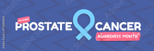 November Prostate cancer awareness month banner with blue ribbon icon. Blue November is prostate cancer awareness month. Movember mens health month poster and wide banner