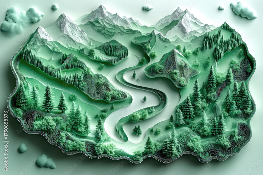 Fototapeta premium Paper Cut Island Landscape with Forest and River Flow