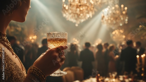 Elegant evening celebration with guests enjoying drinks at a lavish party venue