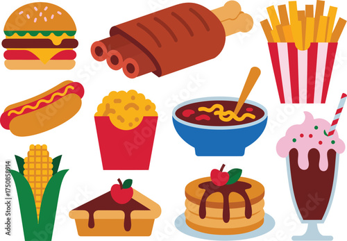 Collection of delicious fast food and dessert items