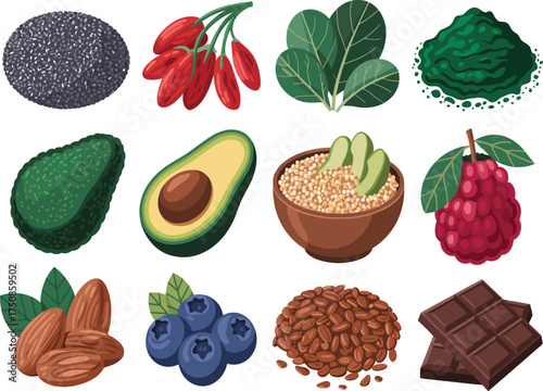 Collection of healthy superfoods and ingredients for a balanced diet