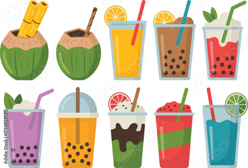 Collection of colorful and refreshing tropical drinks and bubble teas