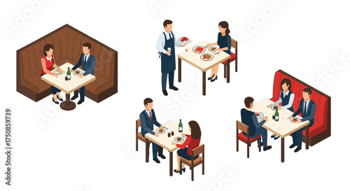 Isometric restaurant scene with couples dining and waiter serving food, perfect for illustrating dining out, hospitality, and modern lifestyles