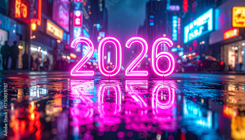 A vibrant neon sign displaying the year 2026 reflects on a wet city street at night, surrounded by glowing advertisements.