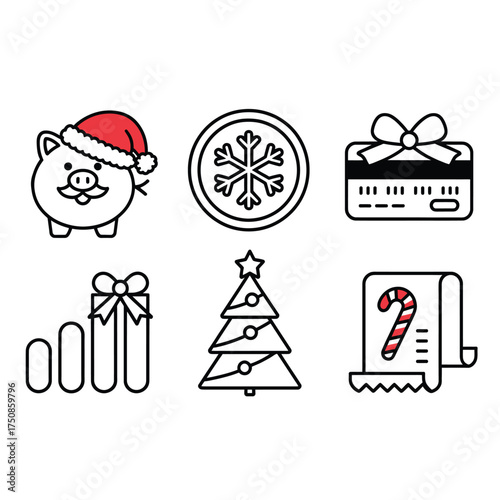 Christmas icons with piggy bank and christmas tree