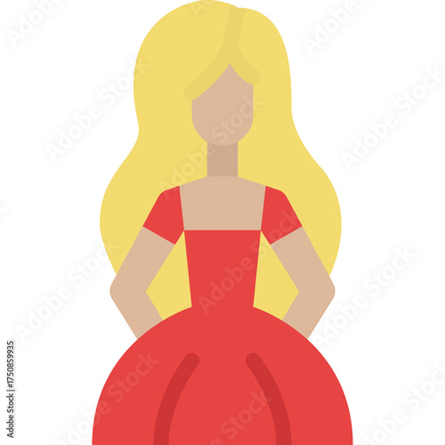 Stylized Blonde Woman in a Flowing Red Ballgown with a Square Neckline Standing against a White Background