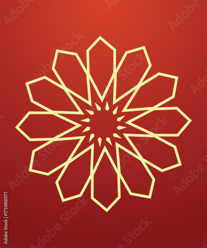 Golden geometric mandala with polygon symmetry and star pattern on red gradient background representing islamic art abstract decoration luxury cultural design and elegant modern ornamental concept