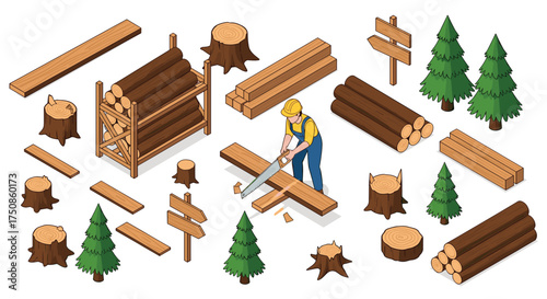 Lumberjack cutting wood with hand saw in isometric view, trees and wood piles create a rustic and industrious scene, perfect for forestry concepts