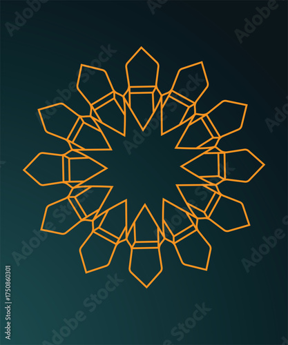 Orange geometric mandala with polygon symmetry and abstract star formation on dark green gradient background representing islamic art luxury decoration modern pattern and elegant cultural design