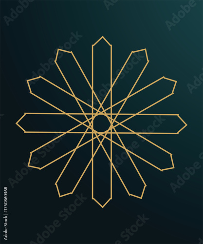 Golden geometric radial mandala with star symmetry and overlapping polygon lines on dark green background representing islamic art decoration luxury abstract pattern and elegant modern concept