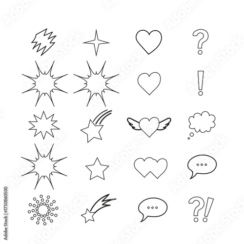 Collection of hand drawn doodle style comic book elements including stars hearts and speech bubbles
