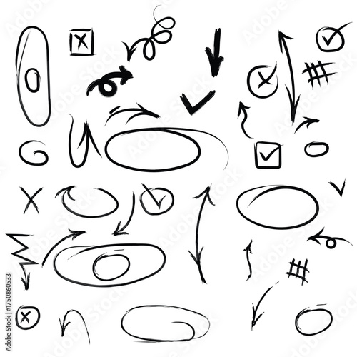 Collection of hand drawn doodle arrows circles checkmarks xs and scribbles on white background