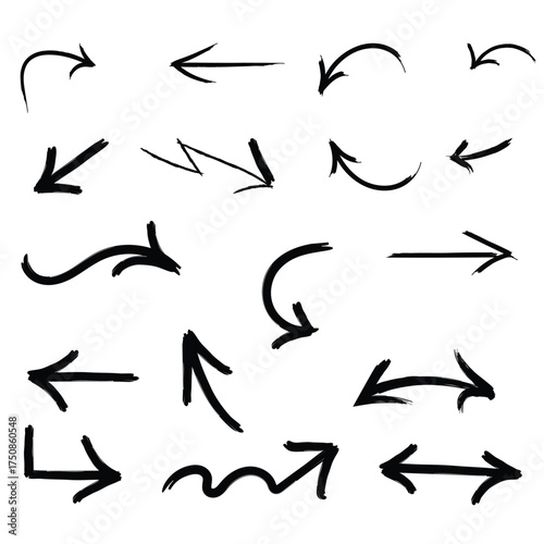 Collection of hand drawn doodle arrows pointing in various directions and styles on white background
